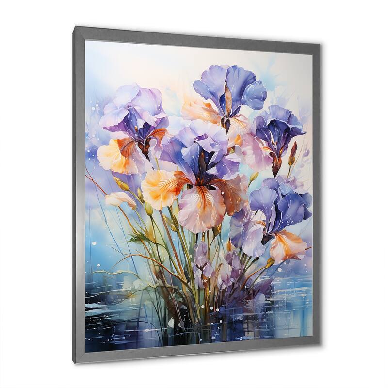 Designart "Meadow Iris Impression" Meadow Framed Wall Art Prints Bed